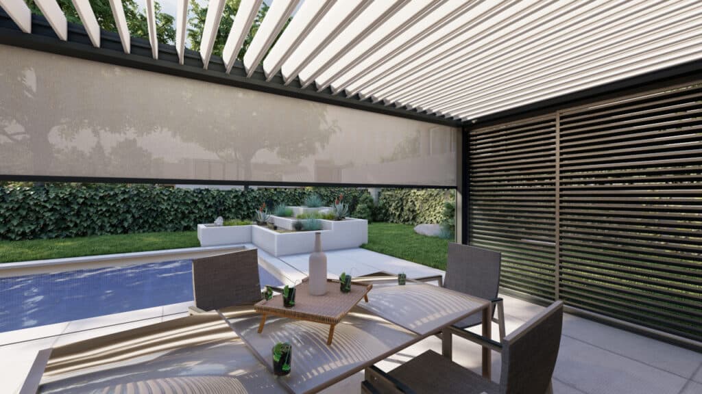 Vue détaillée d'un brise-vue fixe intégré à une pergola, illustrant la parfaite harmonie entre fonctionnalité et design moderne.