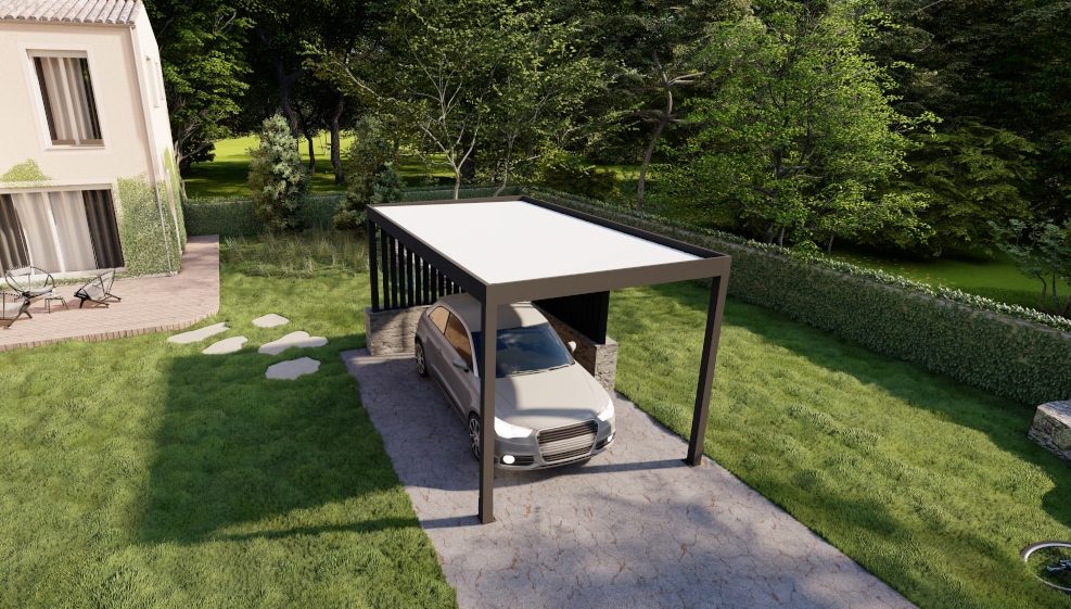 Détail du store vertical MV53 du carport M110, offrant une solution de protection solaire économique.