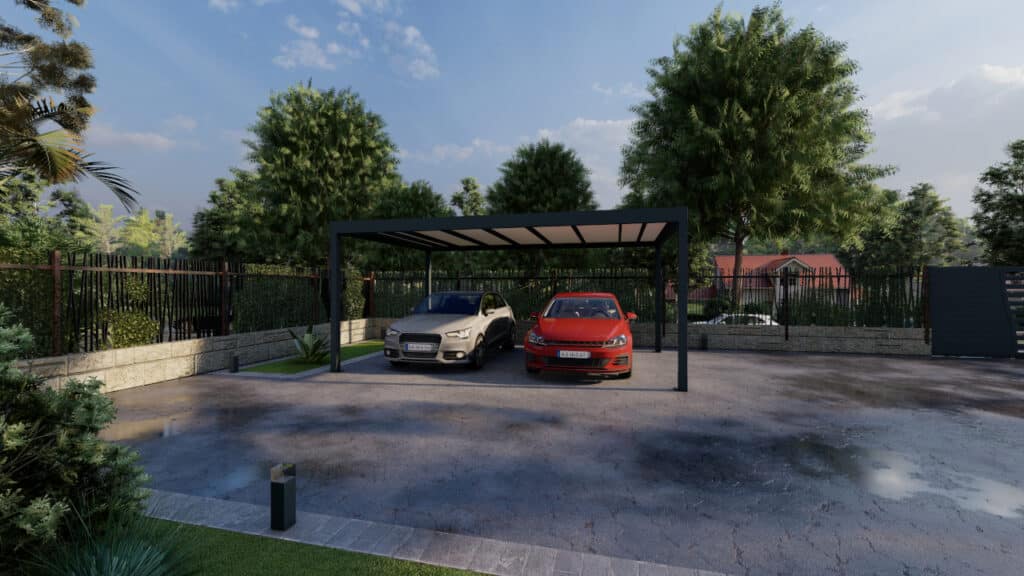 Carport M110 utilisant un éclairage LED sous la structure pour un usage confortable et sécurisé pendant les heures nocturnes.