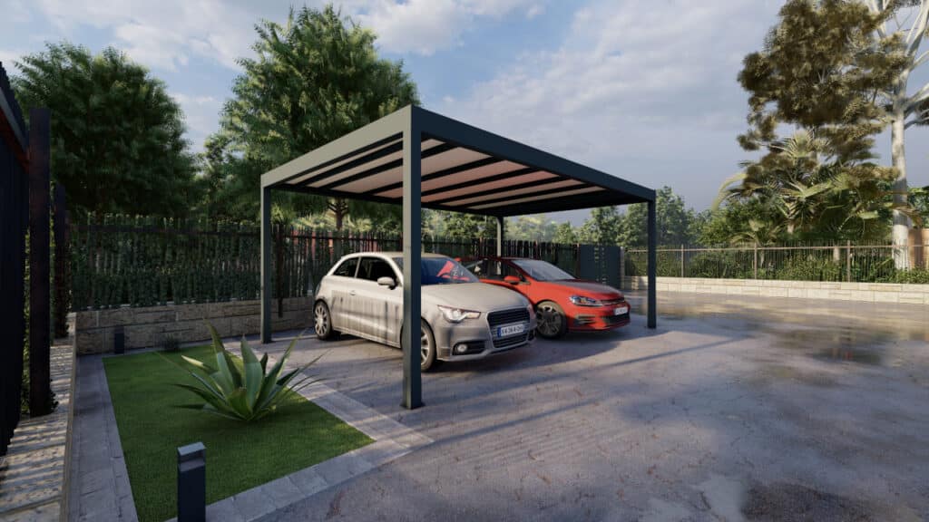 Vue de la robuste structure en aluminium du Carport M110, conçue pour résister aux UV et aux intempéries, assurant une protection durable pour vos véhicules.