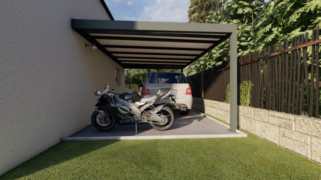 Carport M110 affichant un design moderne avec une toile de haute qualité et une structure en aluminium, idéal pour un aménagement extérieur élégant.