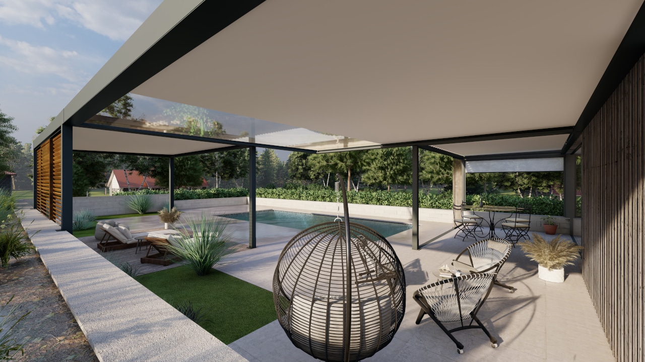 Exemple de carport M130 configuré en îlot, démontrant sa modularité.