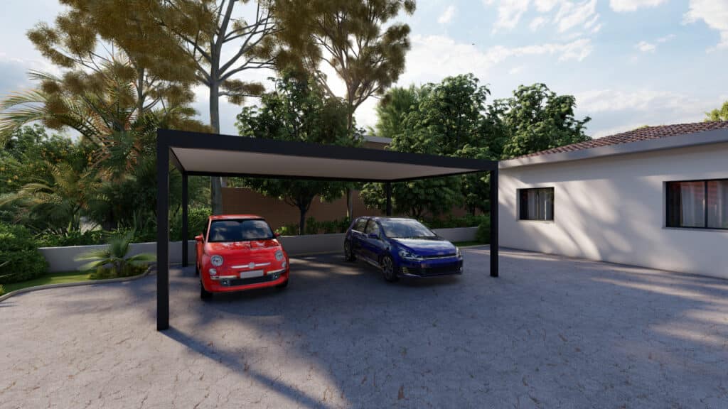 Carport M165 montrant ses stores verticaux intégrés MV165 pour une protection et une esthétique améliorées.