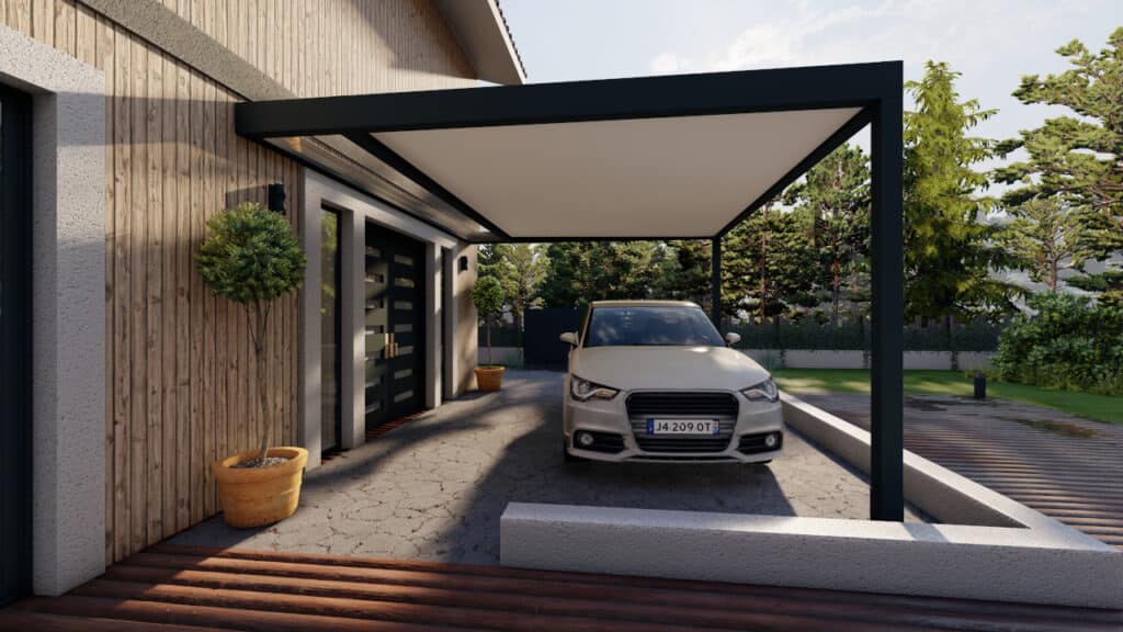 Vue d'un carport modulable installé adossé à une maison, démontrant la flexibilité de configuration.