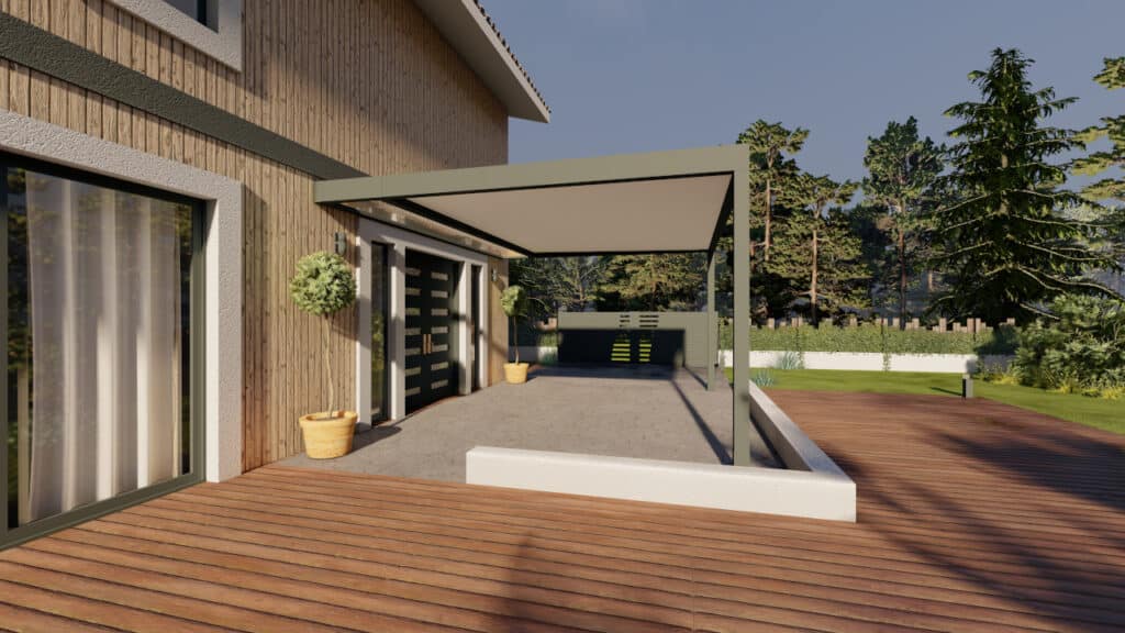 Carport modulable dans un jardin, montrant une structure autonome avec toit plat.