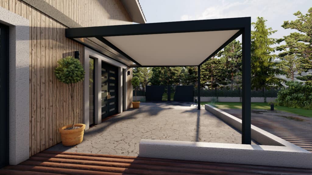 Carport modulable avec grande hauteur, adapté pour le stationnement d’un camping-car.