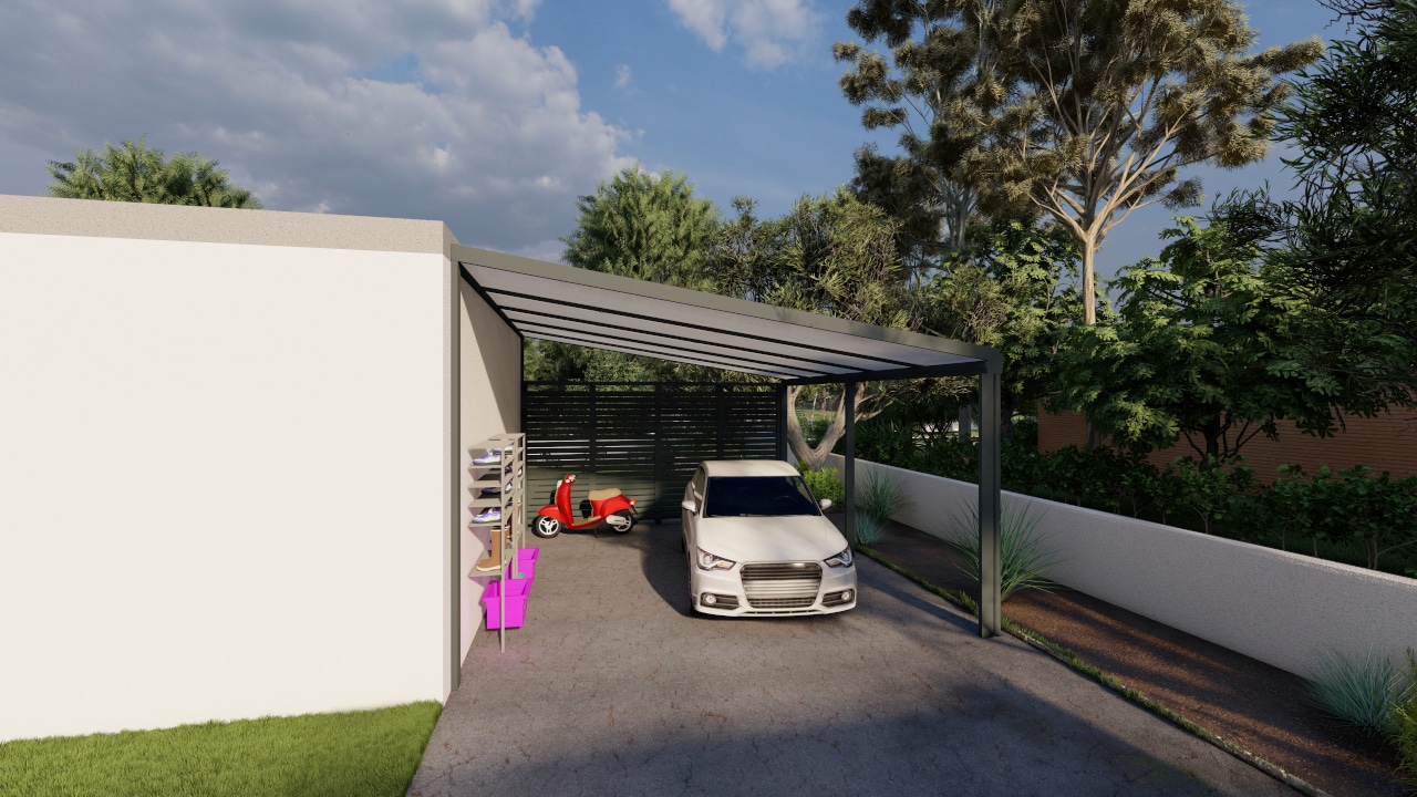 Vue détaillée de la toiture en polycarbonate du Carport MP130, démontrant sa résistance aux intempéries et son efficacité à bloquer les UV.