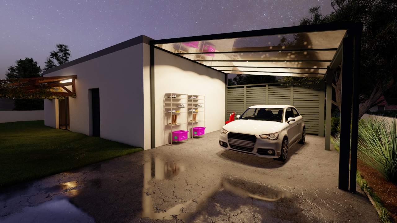 Carport Monopente MP130 avec toiture en polycarbonate translucide, offrant une protection élégante tout en maximisant la lumière naturelle.