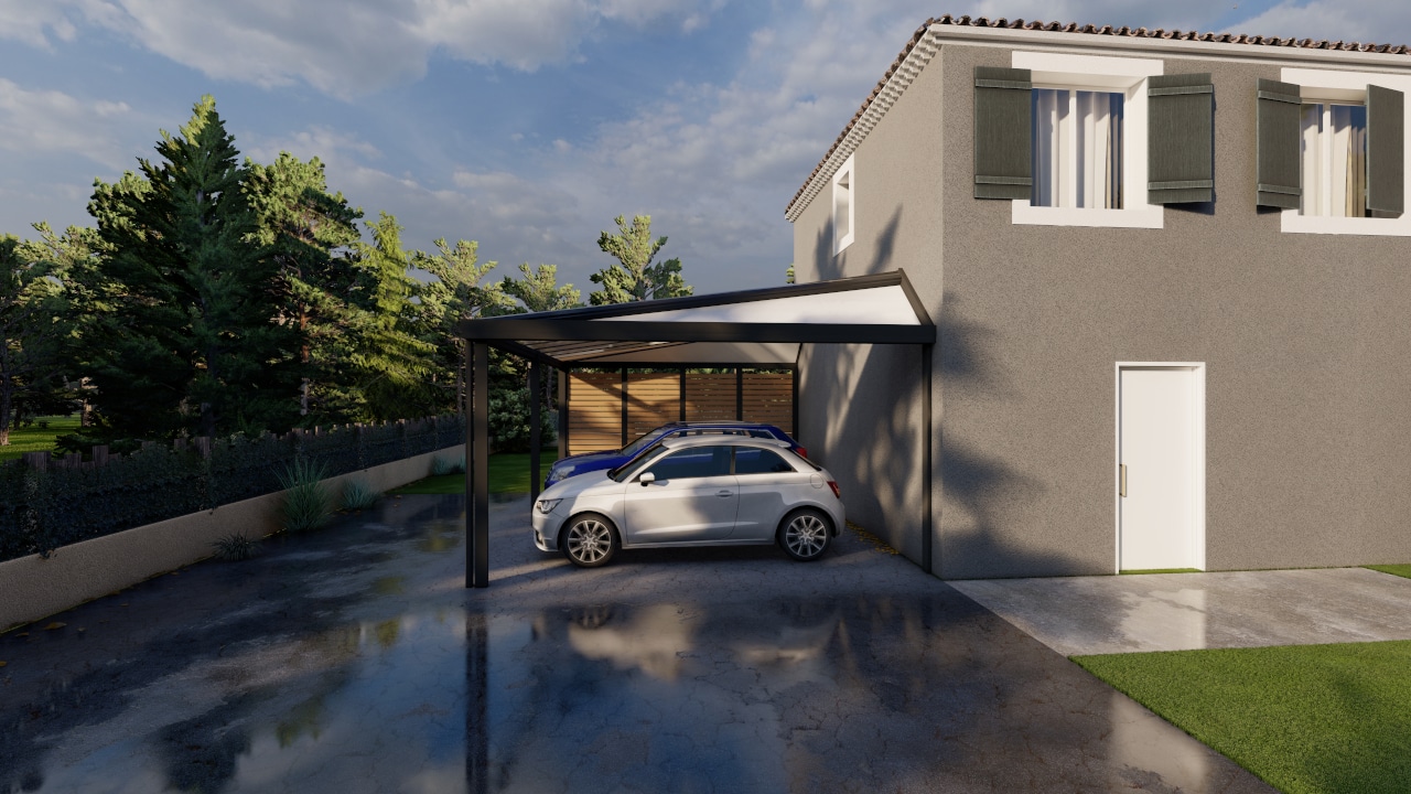 Carport MP130 équipé de claustras et de stores, fournissant une protection solaire et du vis-à-vis, tout en conservant une vue dégagée.