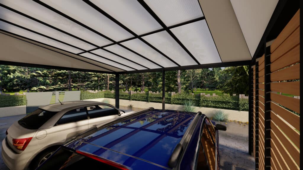 Vue du Carport avec toit polycarbonate trapèze MP130, montrant sa structure élégante et son toit translucide.