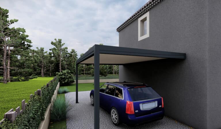 Carport M130 avec claustra lames ML100 offrant protection solaire et contre les intempéries.