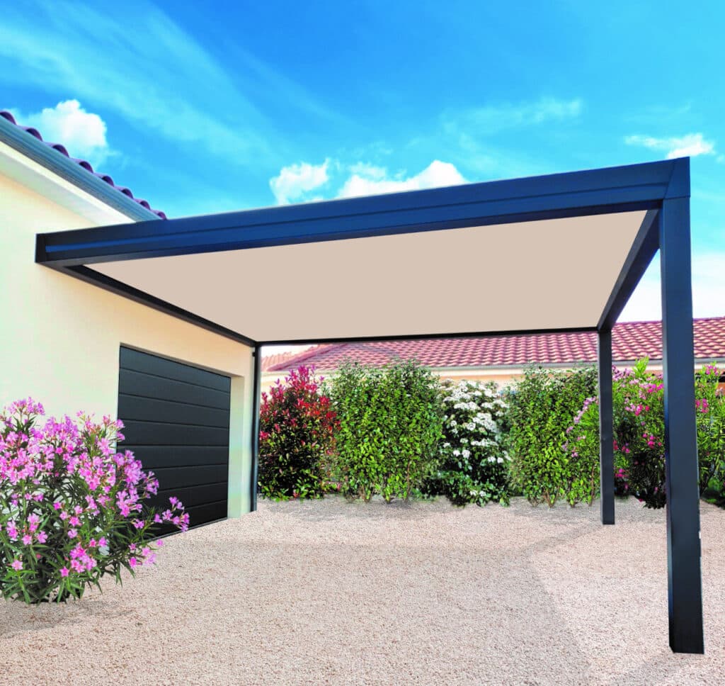 Vue du carport M130 montrant son design moderne avec finition haut de gamme et sans vis apparentes.