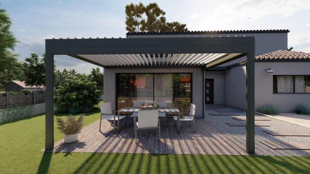 Pergola en aluminium thermolaqué gris avec lames orientables installée dans un jardin contemporain