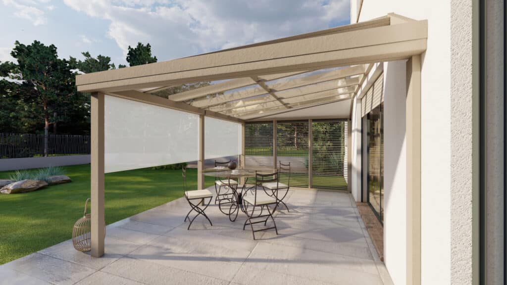 Pergola à toit fixe trapèze avec des stores pour une fermeture complète et un style contemporain.