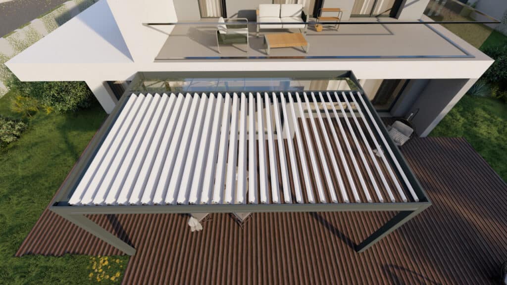 Pergola modulable bioclimatique M165 avec toit orientable et structure en aluminium thermolaqué