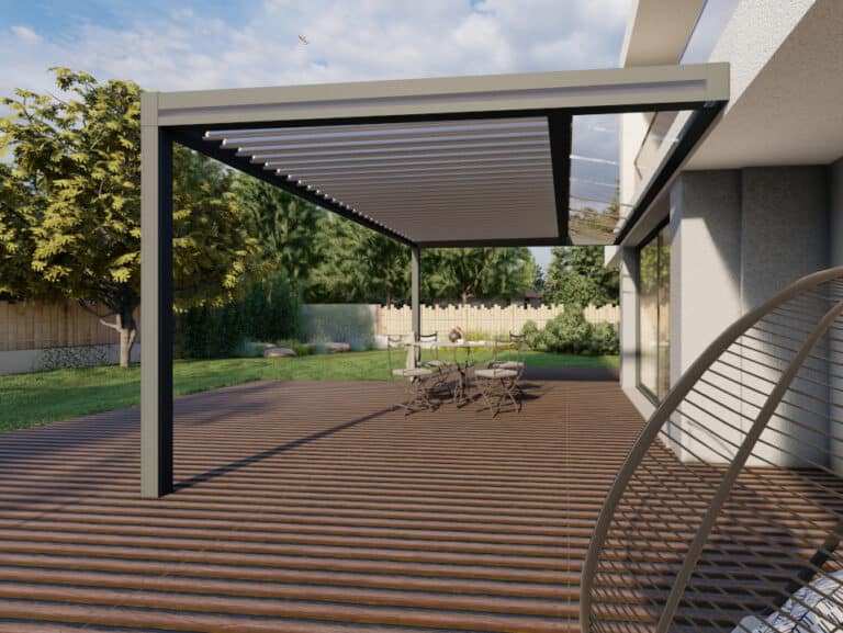 Pergola modulable bioclimatique M165 avec toit orientable et structure en aluminium thermolaqué